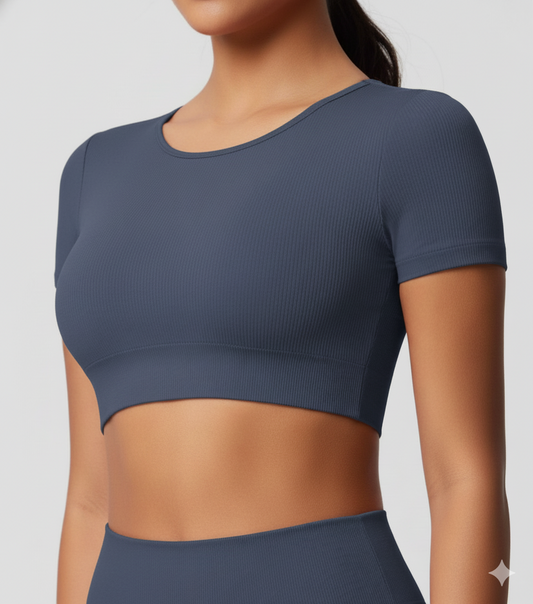 Navy Short Sleeve Cropped Top